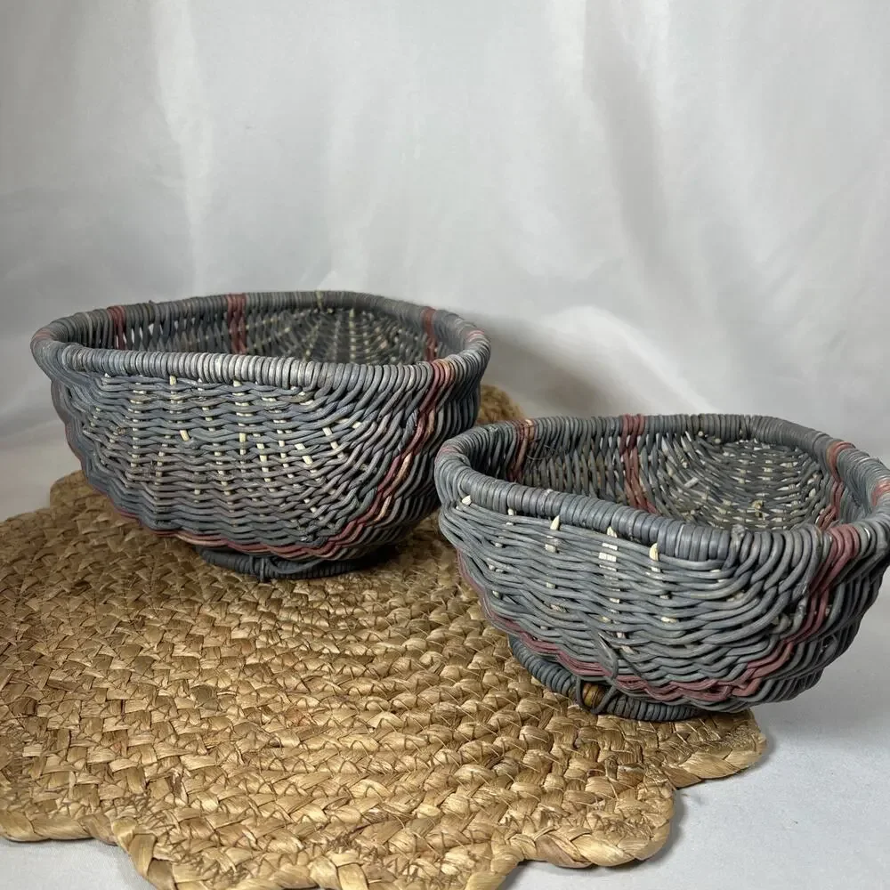 Vintage 80s Heart Wicker Nesting Baskets Set 3 Country Blue Mauve Cottage Decor